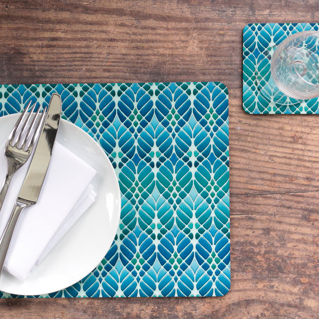 Interwoven Trees Coaster Set - Blue Turquoise - Melamine / Cork backed