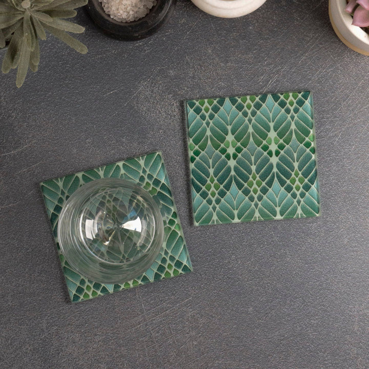 SALE SET of 8x Interwoven Trees Glass Coaster Set - Muted Greens