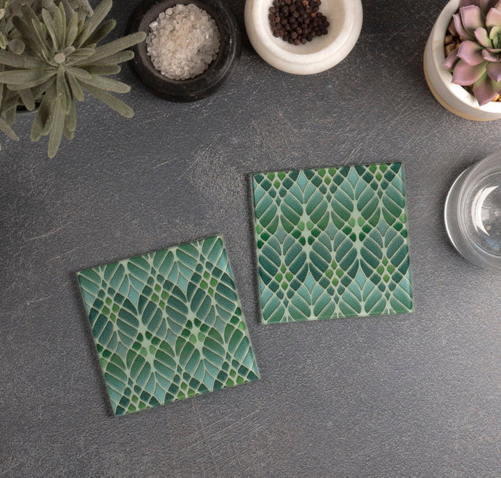 SALE SET of 8x Interwoven Trees Glass Coaster Set - Muted Greens