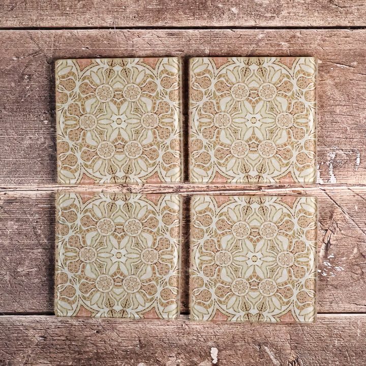 SALE - 4x glass coaster Set - Pale Pink Pomegranate Design