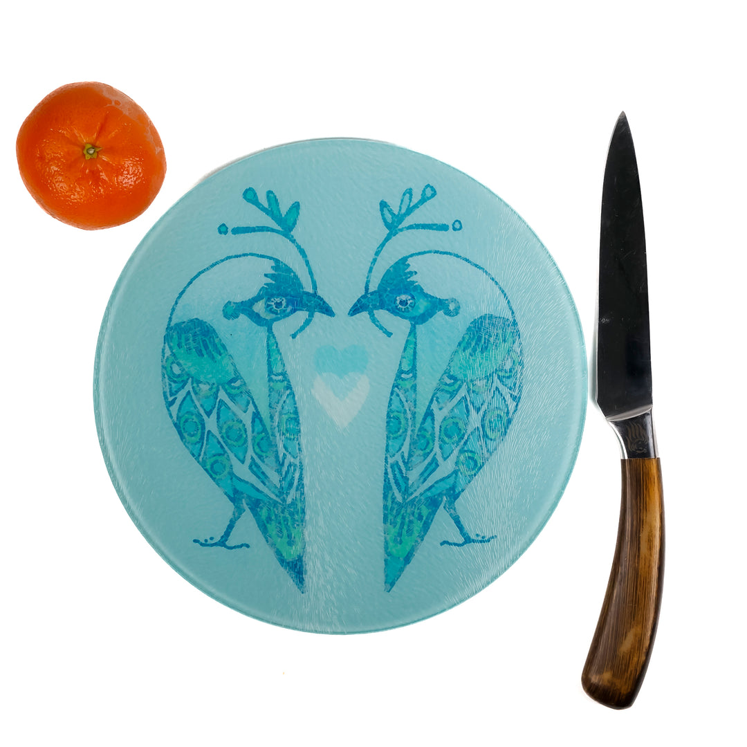 Turquoise Lovebirds Chopping Board (circular)