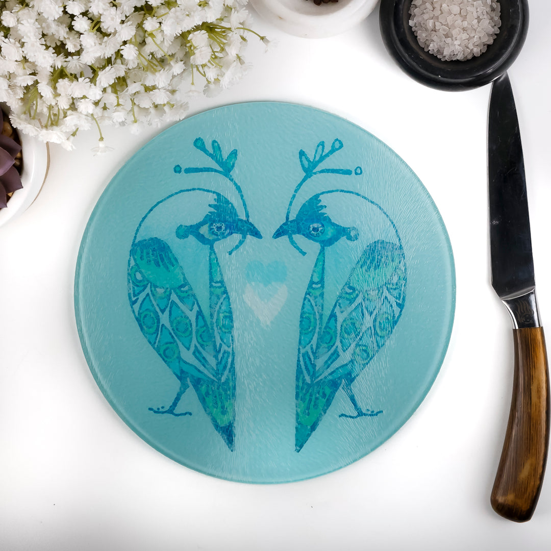 Turquoise Lovebirds Chopping Board (circular)