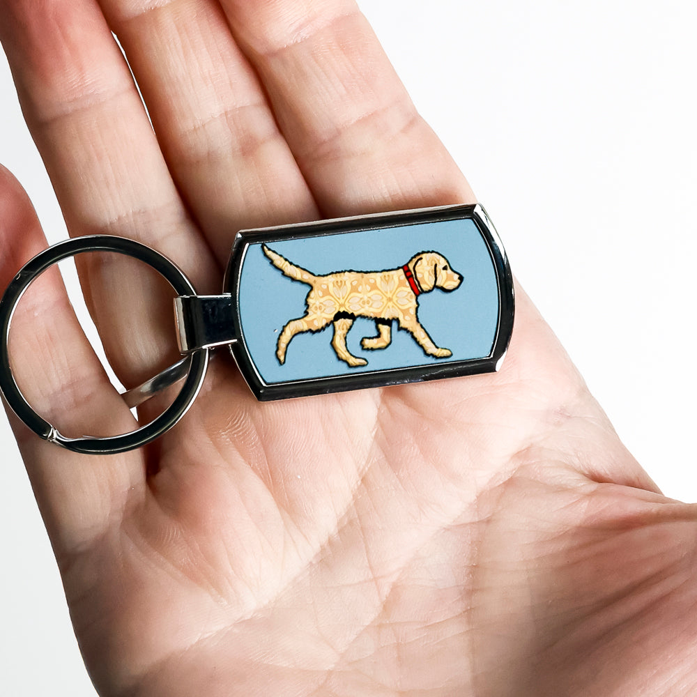 SALE - Golden Labradoodle Dog on Grey/Blue Keyring