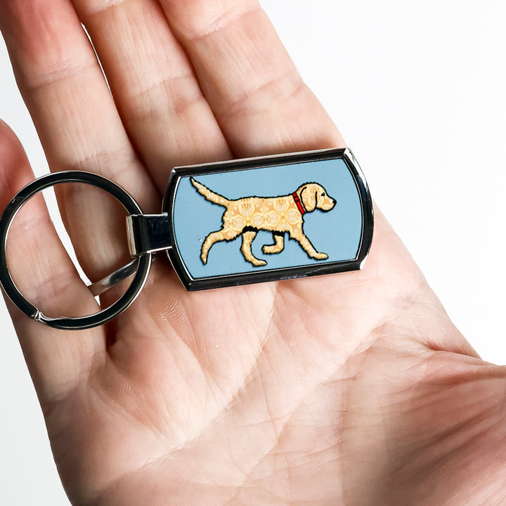 SALE - Golden Labradoodle Dog on Grey/Blue Keyring