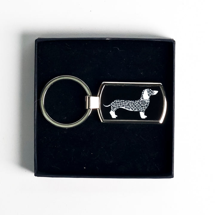White Dachshund Dog on Black Keyring