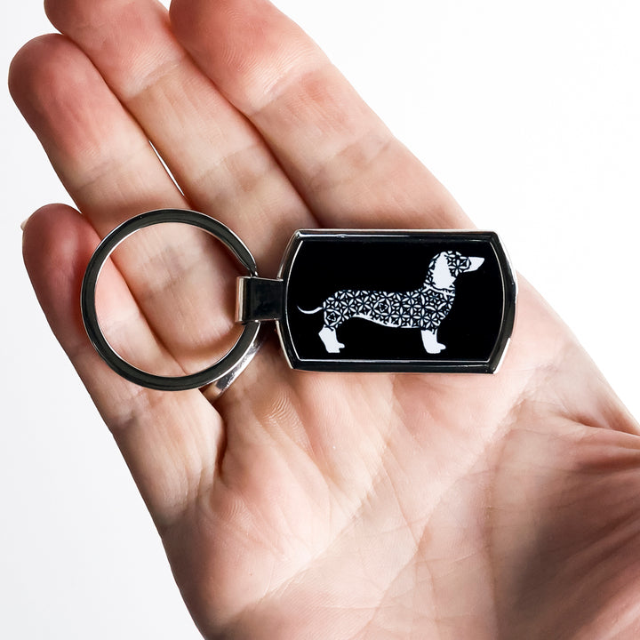 White Dachshund Dog on Black Keyring
