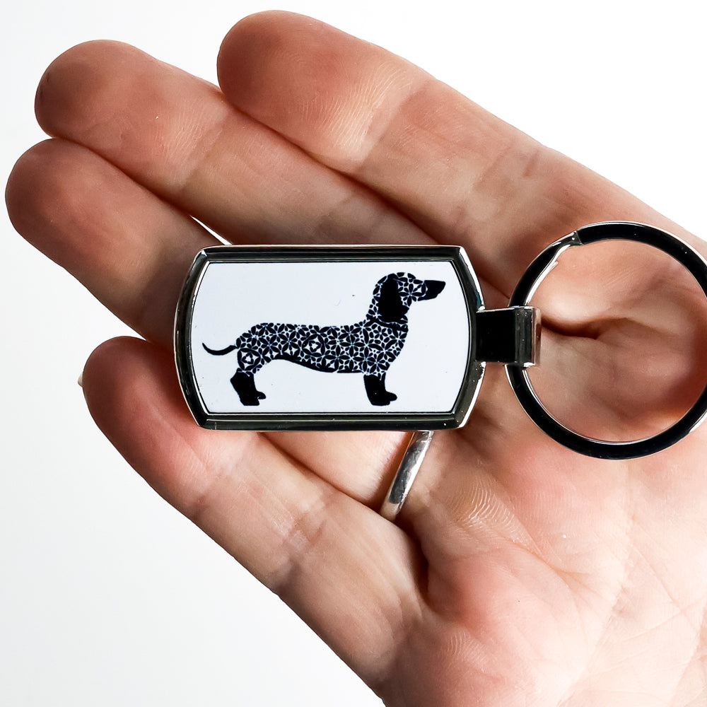 Black Dachshund Dog on White Keyring