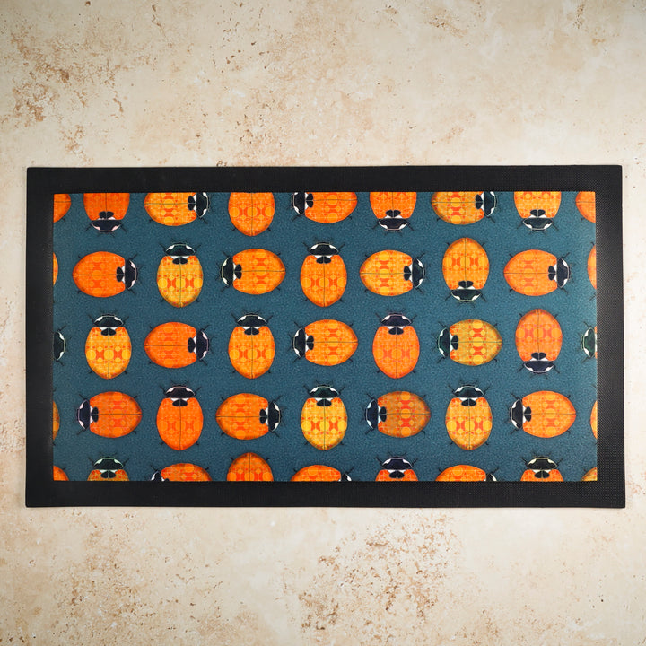 Lanternbugs Geometric Pet Food Mat - Red Orange &amp; Steel Grey