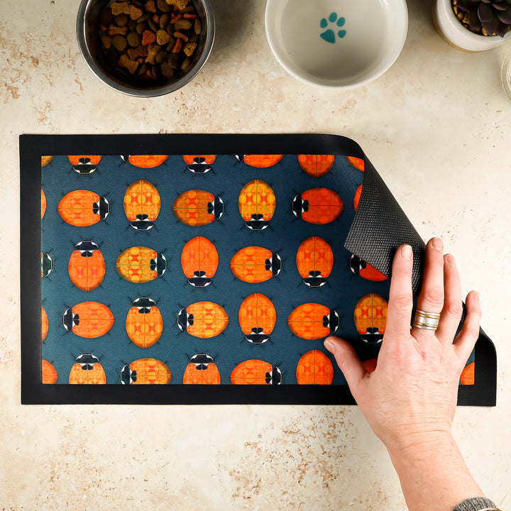 Lanternbugs Geometric Pet Food Mat - Red Orange &amp; Steel Grey