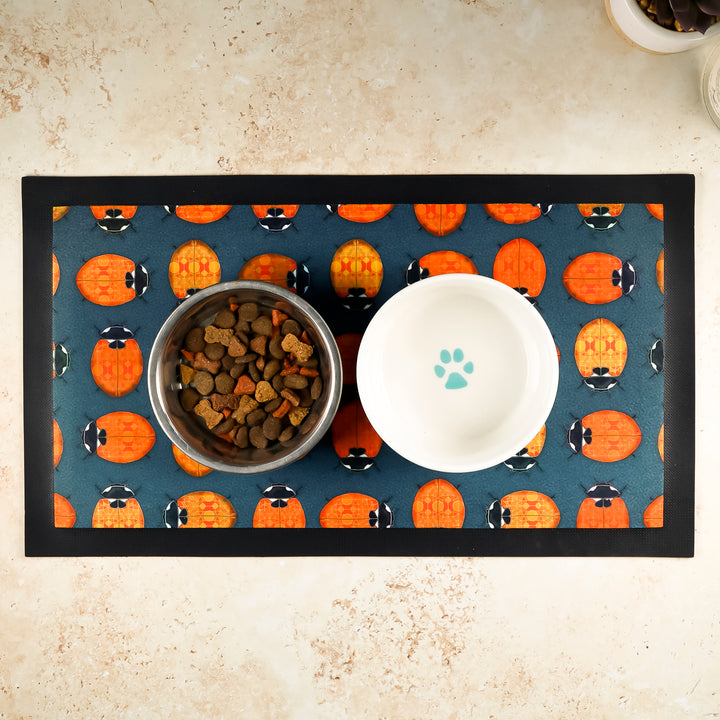 Lanternbugs Geometric Pet Food Mat - Red Orange &amp; Steel Grey