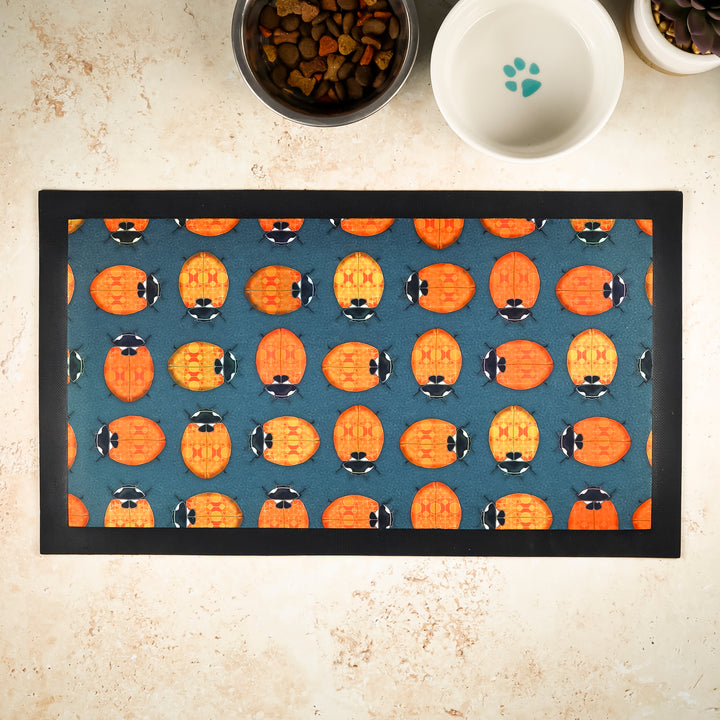 Lanternbugs Geometric Pet Food Mat - Red Orange &amp; Steel Grey