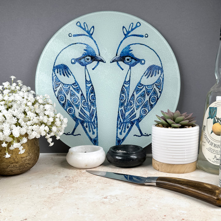 Blue &amp; White Lovebirds Chopping Board (circular)