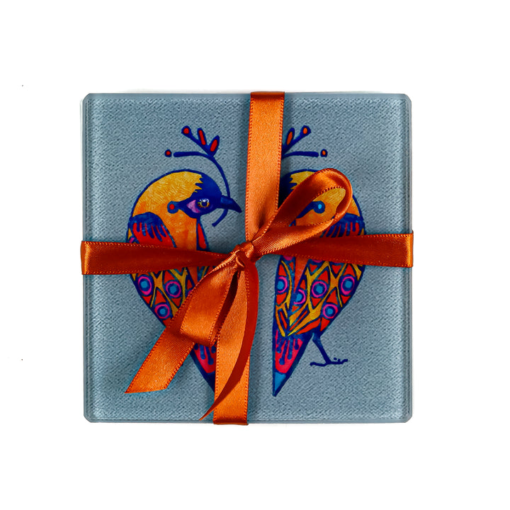 SALE - Set of 2x Glass Lovebirds Coasters (square)
