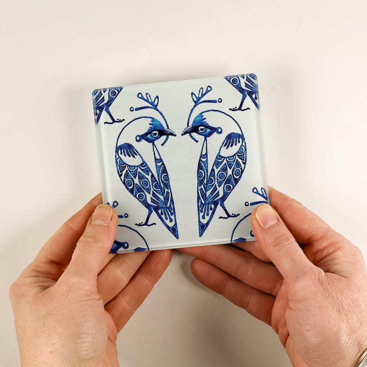 SALE - Set of 2x Glass Lovebirds Coasters (square)