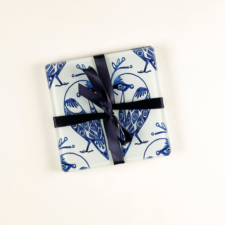 SALE - Set of 2x Glass Lovebirds Coasters