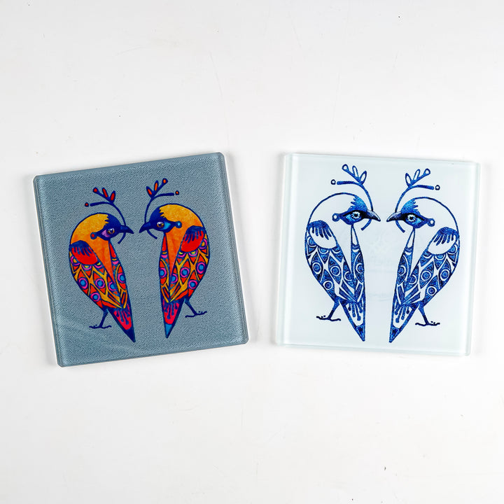 SALE - Set of 2x Glass Lovebirds Coasters (square)