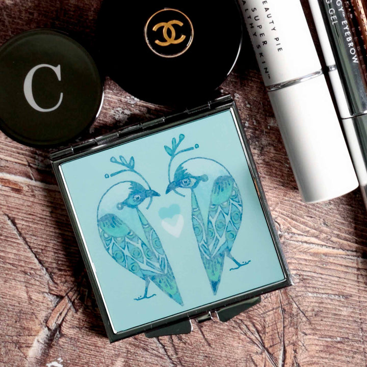 Lovebirds Folding Mirror and Lens Cloth - Blue Lovebirds