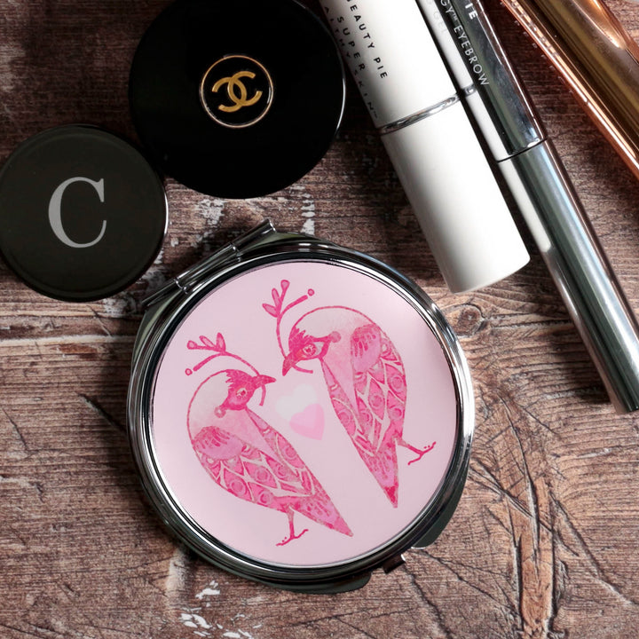 Lovebirds Folding Mirror and Lens Cloth - Pink Lovebirds with Heart