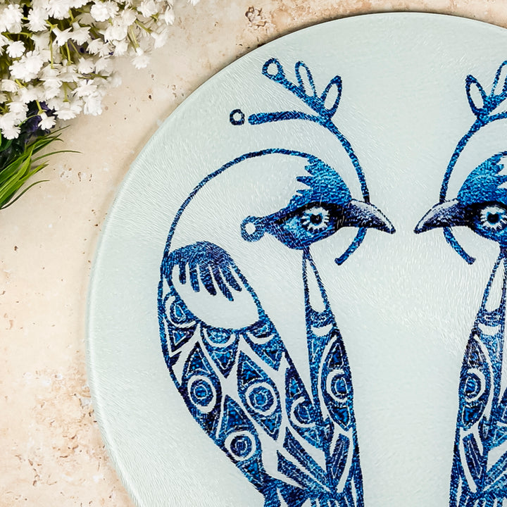 Blue &amp; White Lovebirds Chopping Board (circular)