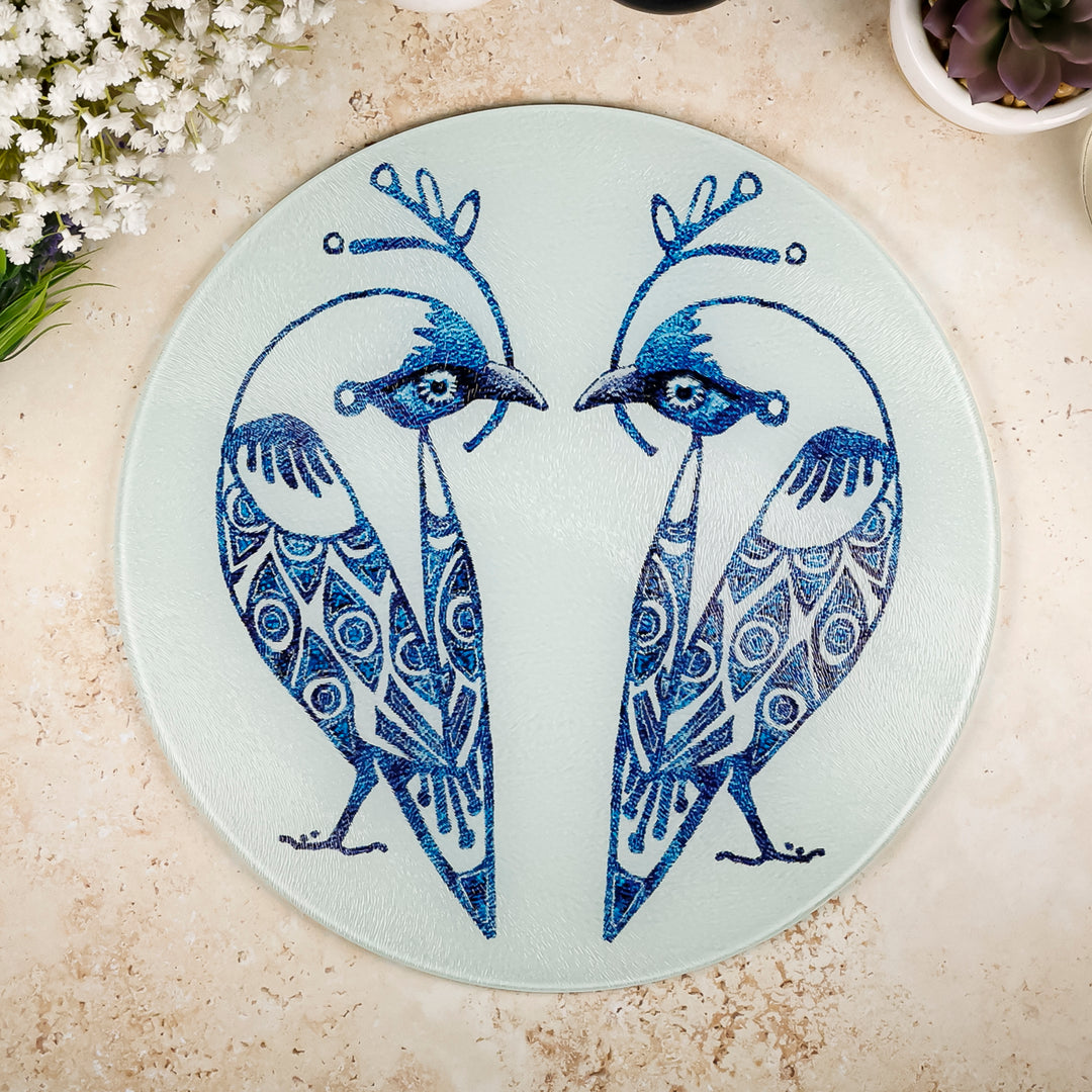 Blue &amp; White Lovebirds Chopping Board (circular)