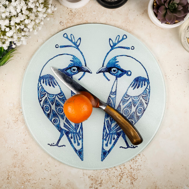 Blue &amp; White Lovebirds Chopping Board (circular)
