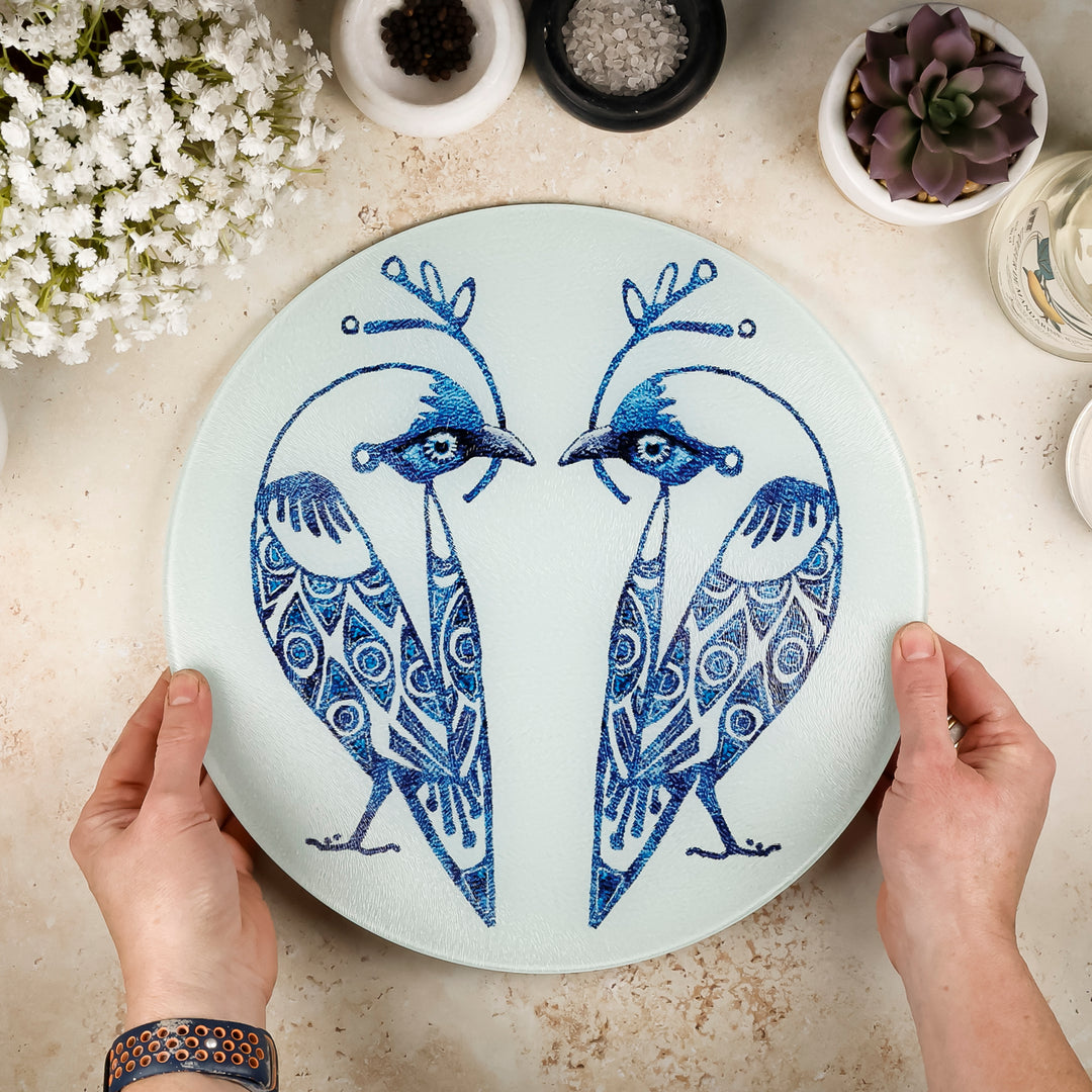 Blue &amp; White Lovebirds Chopping Board (circular)