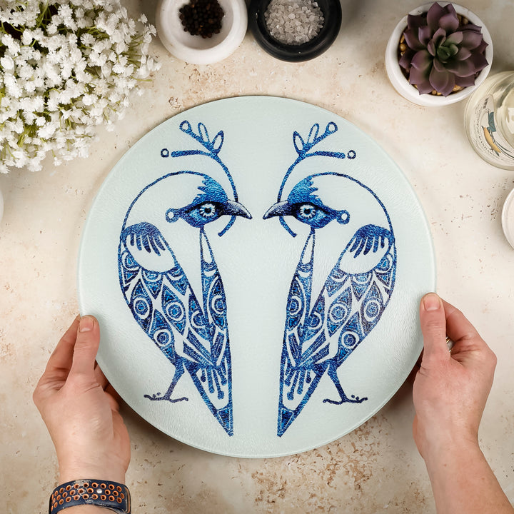 Blue &amp; White Lovebirds Chopping Board (circular)