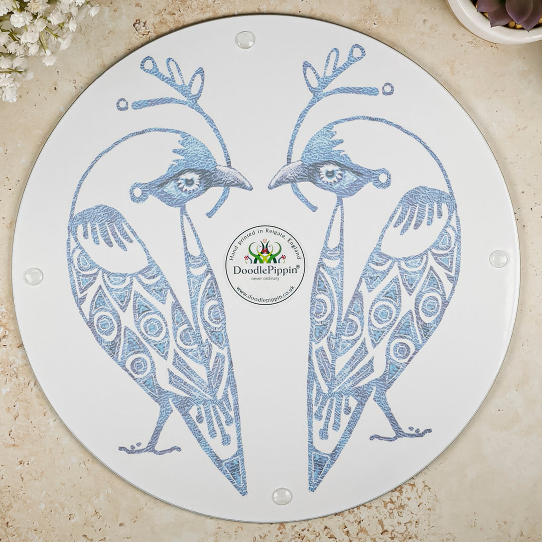 Blue &amp; White Lovebirds Chopping Board (circular)