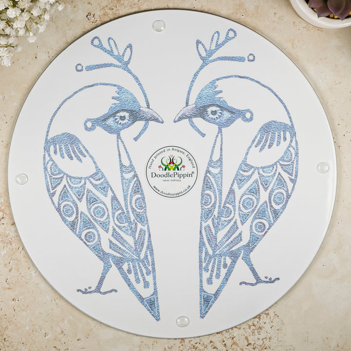 Blue &amp; White Lovebirds Chopping Board (circular)
