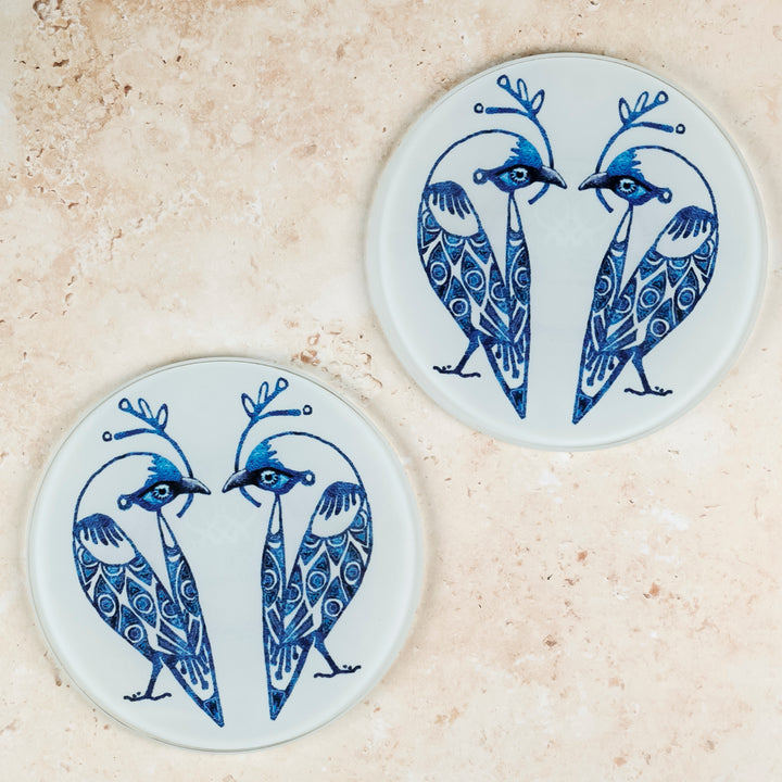 Blue &amp; White Lovebirds Chopping Board (circular)