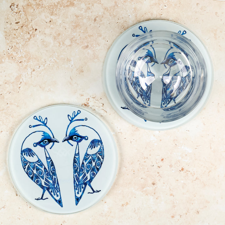 Blue &amp; White Lovebirds Chopping Board (circular)