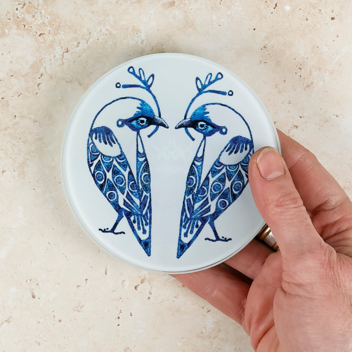 Blue &amp; White Lovebirds Chopping Board (circular)