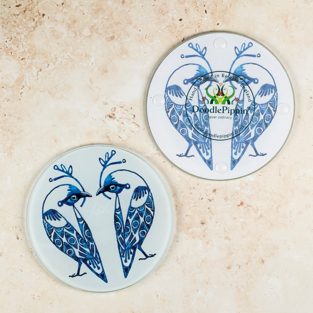 Blue &amp; White Lovebirds Chopping Board (circular)