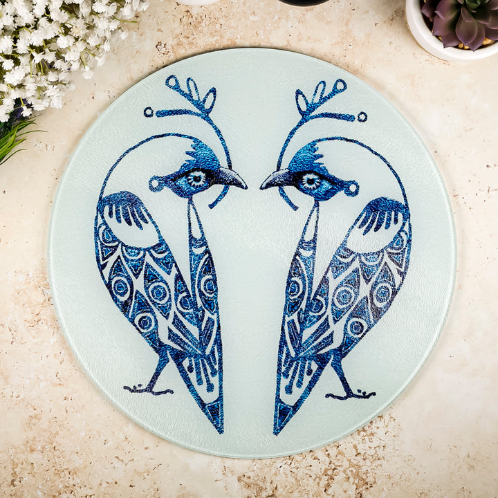 Blue &amp; White Lovebirds Chopping Board (circular)