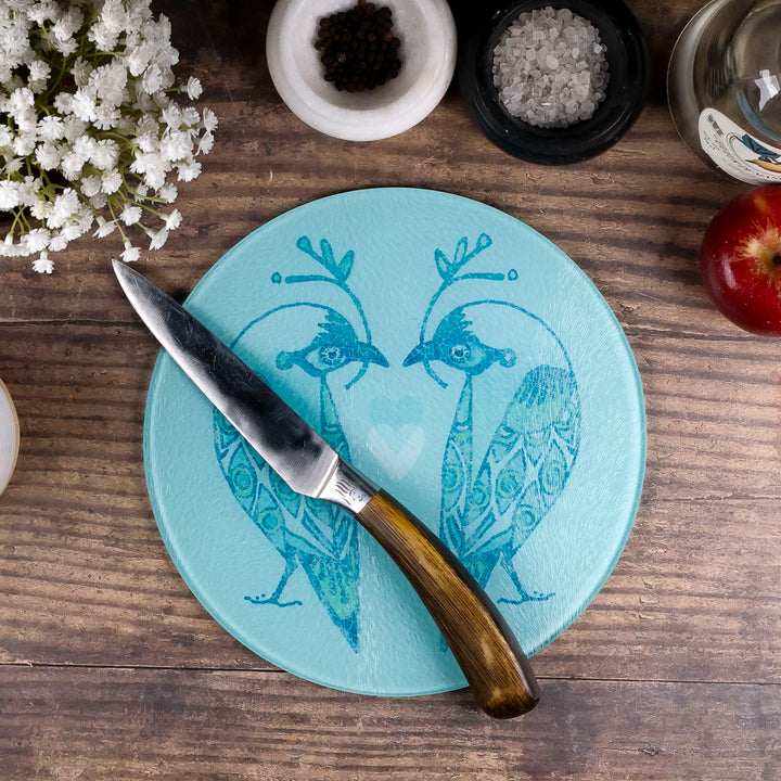 Turquoise Lovebirds Chopping Board (circular)