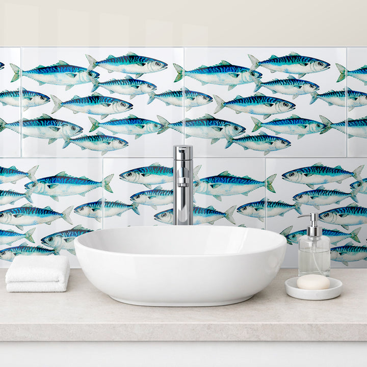 Mackerel Shoal on White - Rectangular - 30x20cm (12x8 inches)
