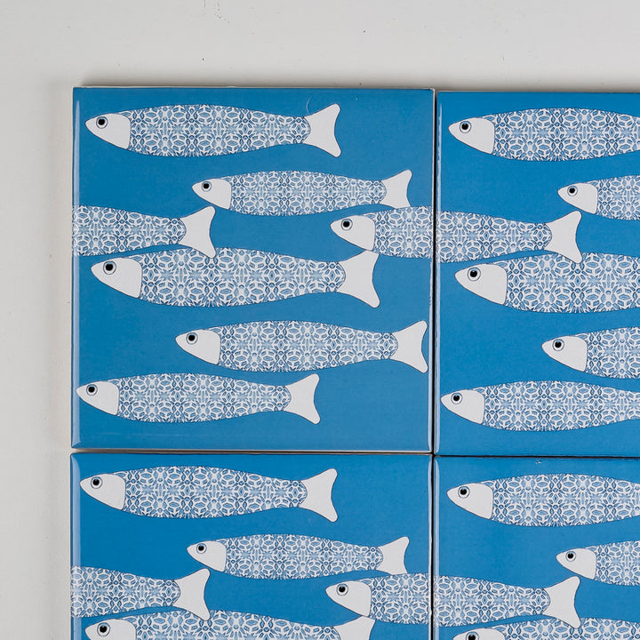 SALE SET of 6x 10cm Fired Ink tiles Mid Blue Ocean Shoal - Slight Seconds