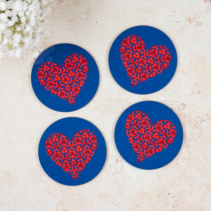 SALE Wooden Coaster Set - Blue Red Hearts