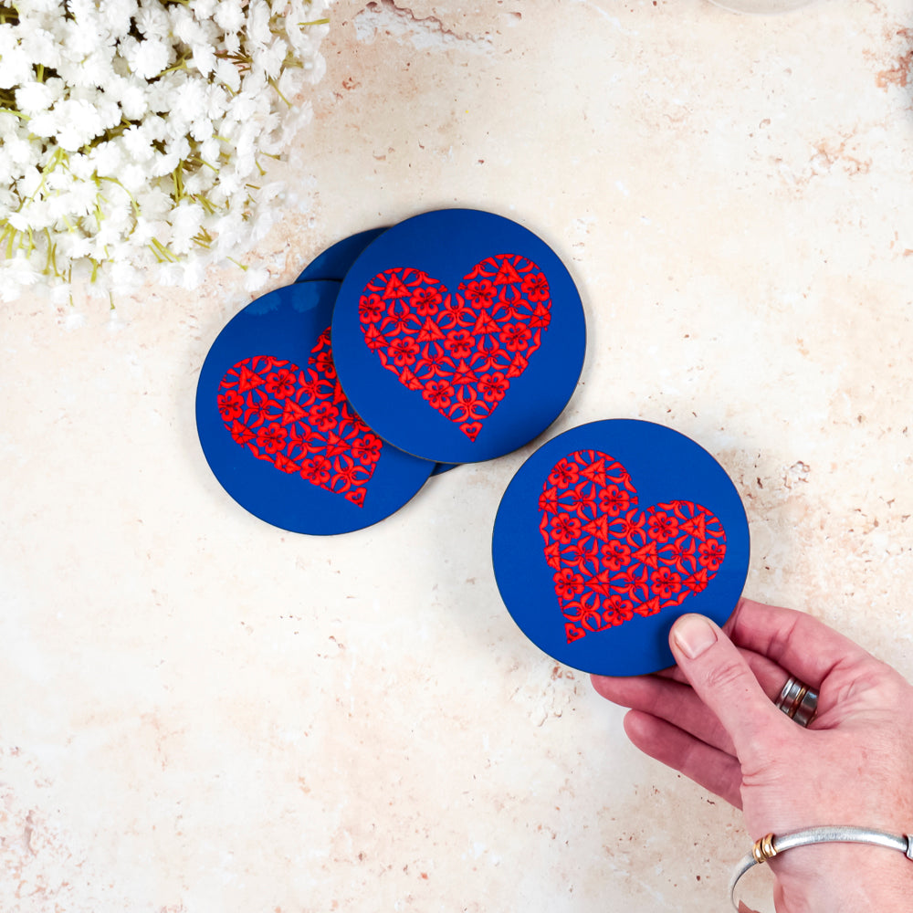 SALE Wooden Coaster Set - Blue Red Hearts