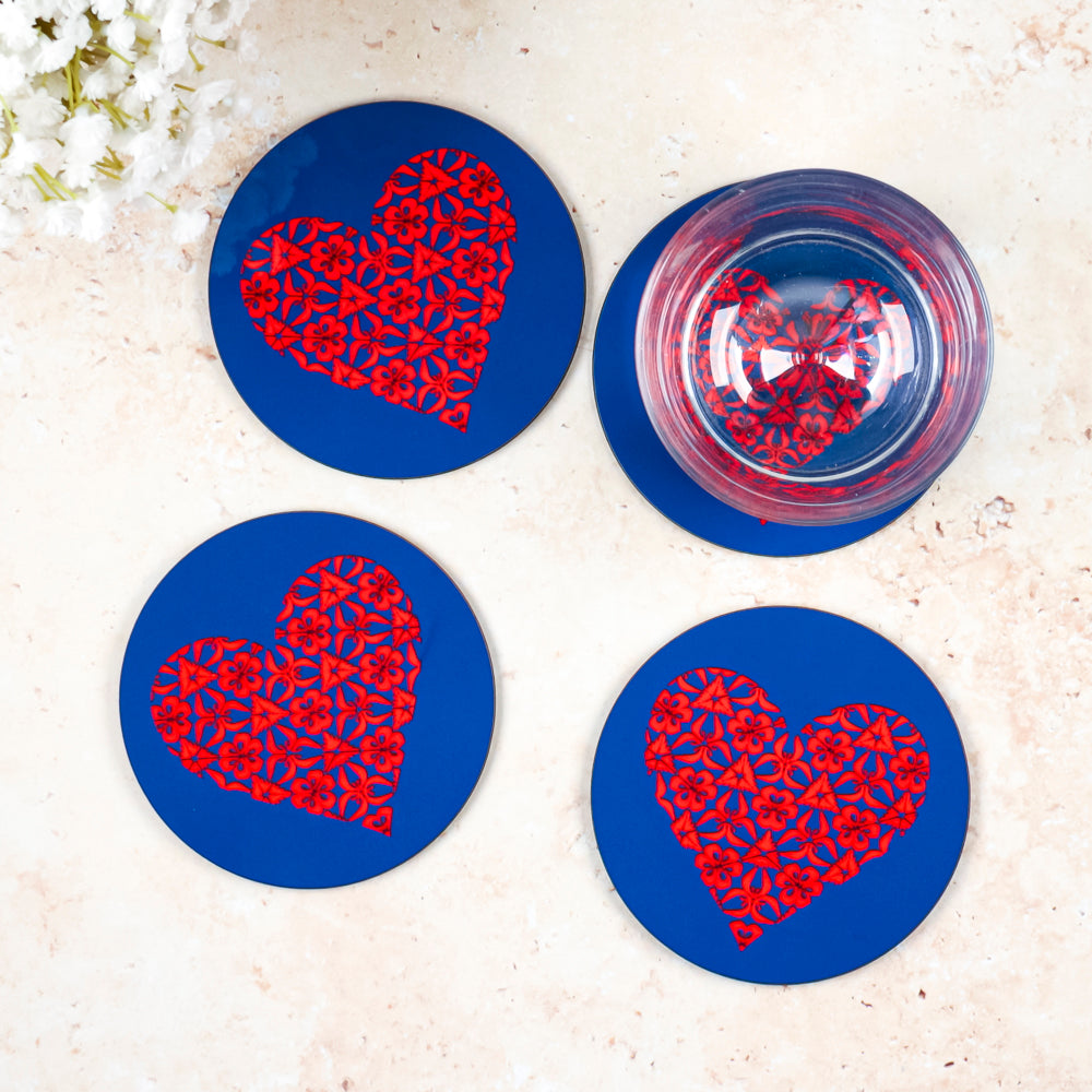 SALE Wooden Coaster Set - Blue Red Hearts