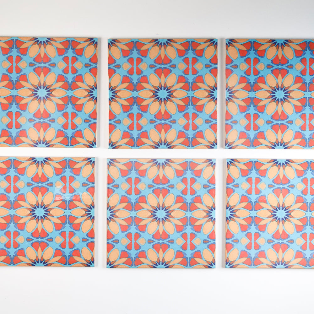 SALE - Set of 16x 15.2cm Moroccan Flower Tile - teal orange