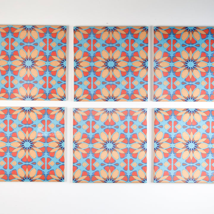 SALE - Set of 16x 15.2cm Moroccan Flower Tile - teal orange