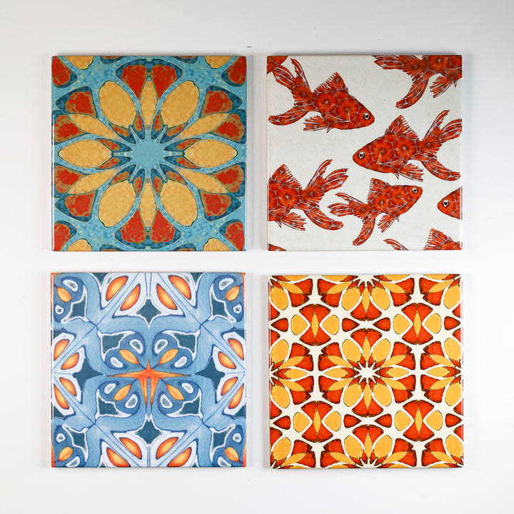 SALE SET of 4x 15cm Fired Ink tiles (Mixed Orange Themed-Designs)