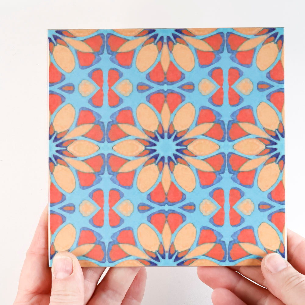 SALE - Set of 16x 15.2cm Moroccan Flower Tile - teal orange