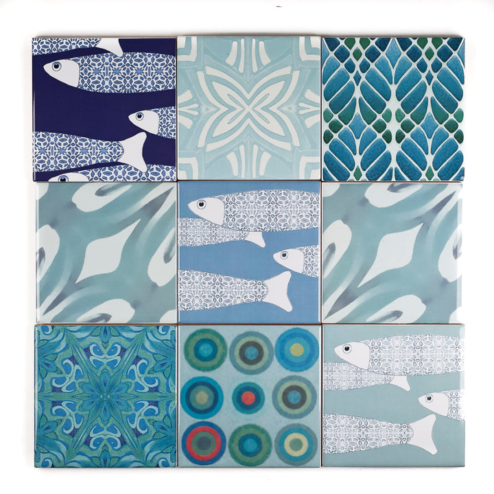 SALE SET of 9x 10cm FIRED INK Tiles - Mixed Designs 1