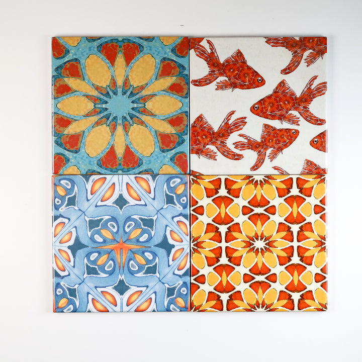 SALE SET of 4x 15cm Fired Ink tiles (Mixed Orange Themed-Designs)