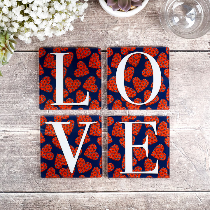 SALE - Moroccan Flower Hearts Square Glass Coasters - LOVE set