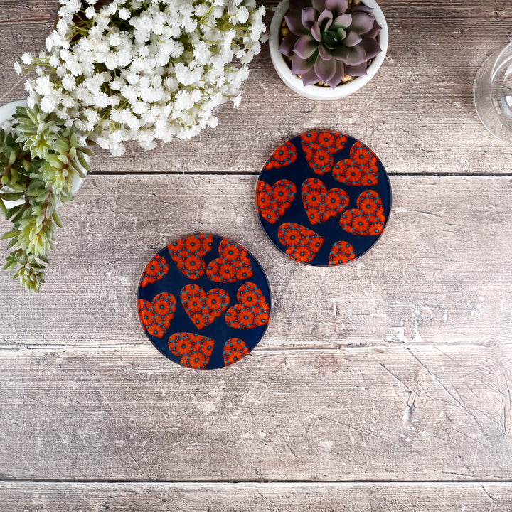 Moroccan Flower Hearts Coasters - Red Orange Blue