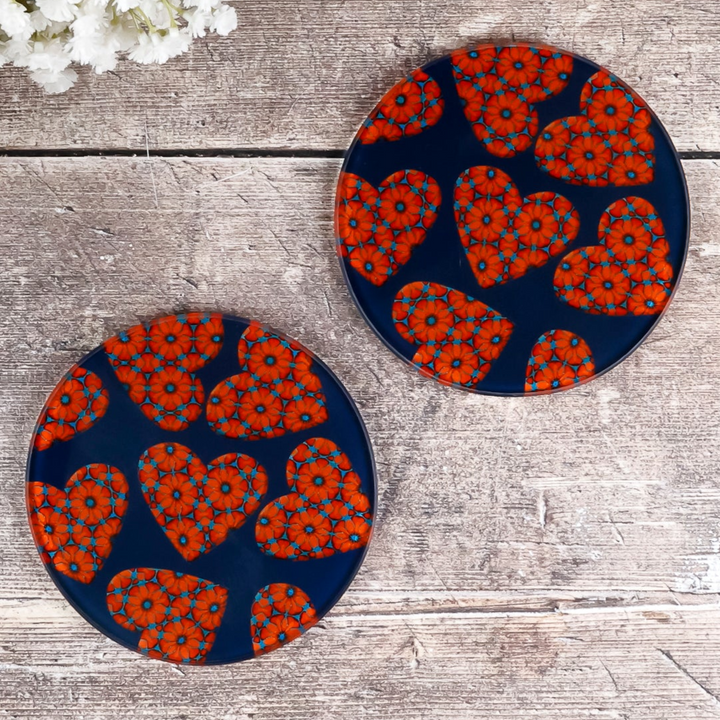 Moroccan Flower Hearts Coasters - Red Orange Blue