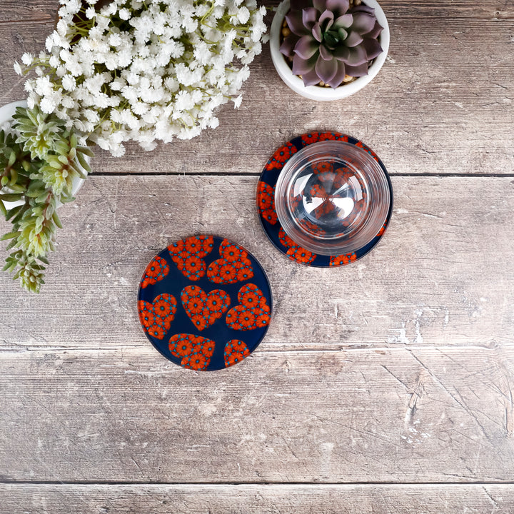 Moroccan Flower Hearts Coasters - Red Orange Blue